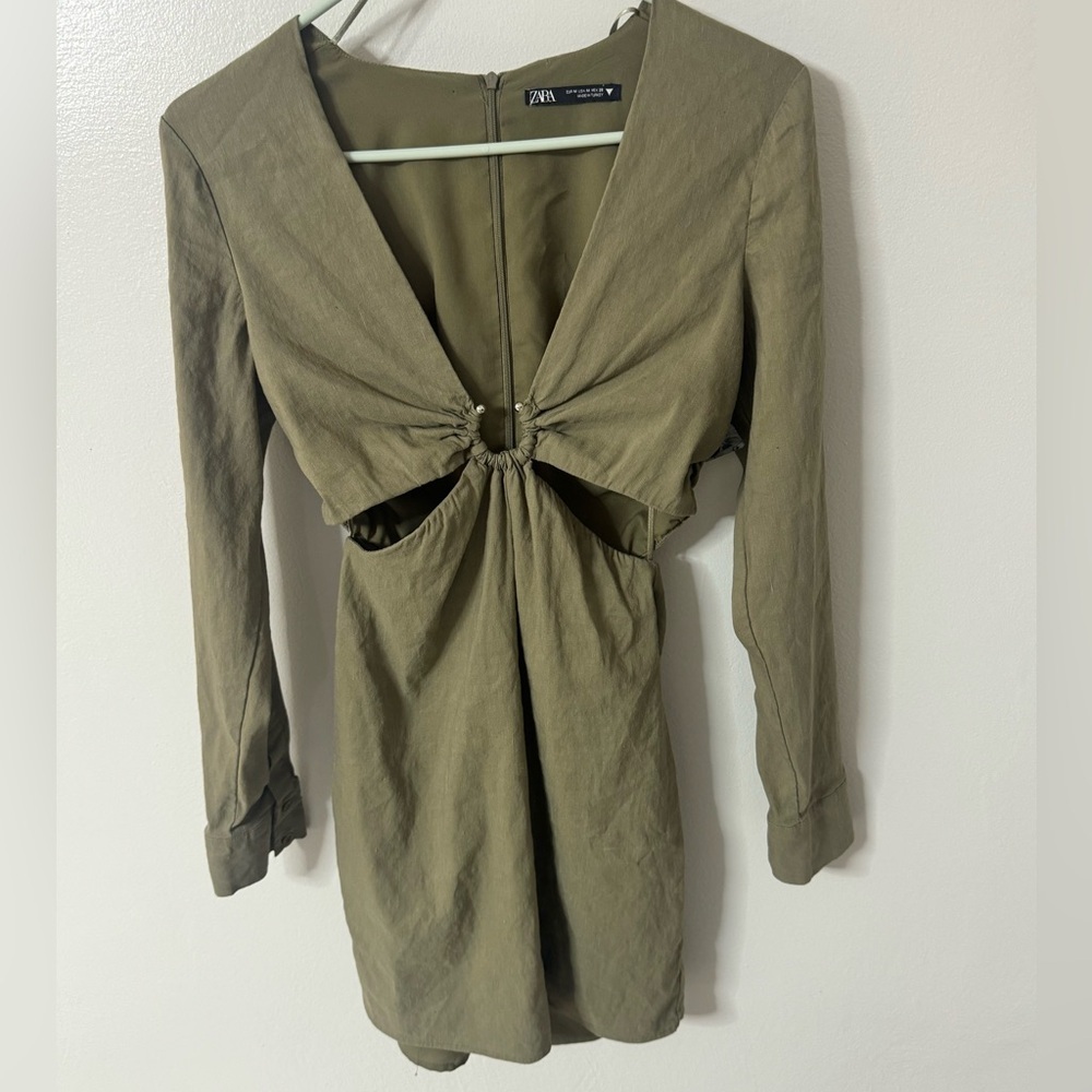 Zara Khaki Stretchy Linen Shirt Dress - Picture 2 of 8